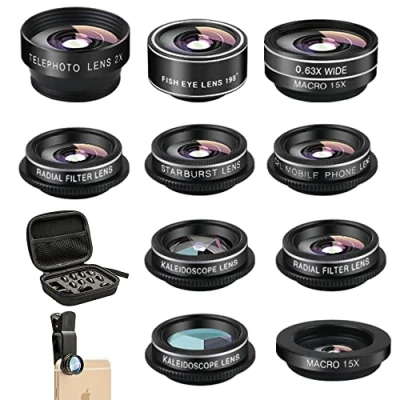 Image de Kit 11 en 1 pour Appareil Photo de téléphone Portable, Objectif Grand Angle et Macro, fisheye, téléobjectif, CPL, Flux, Radial, étoile, Filtre Doux, lentille kaléidoscope Compatible