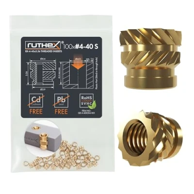 Image de ruthex #4 40 SHORT Insert fileté en pouces (UNC), 100 douilles filetées RX 4 x 3,56 laiton, écrou d&#039;insertion stable, utilisable par chaleur dans les pièces d&#039;impression 3D plastique