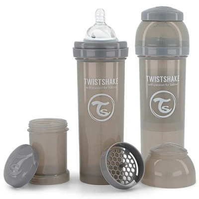 Image de Twistshake 2x Biberon Anti Colique Avec Récipient Pour Lait En Poudre Et Mélangeur 330ml Tétine Silicone À Écoulement Rapide Sans BPA 4+ Mois Gris