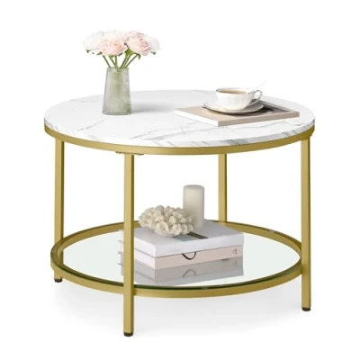 Image de VASAGLE Table Basse, de Salon, Canapé Apéro, Façon Marbre, Support en Verre Trempé, Facile à Assembler, pour Style Moderne, Blanc Marbré et Doré Clair LCT072W59