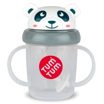 Image de TUM Tasse avec Paille lestée, anti fuite, d’Apprentissage pour Bébé, Couvercle Rabattable, en Silicone (Pip le Panda 200ml)