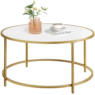 Image de VASAGLE Table Basse Salon, Meuble de Cadre en Acier, Ronde, Doré et Blanc LCT091A10