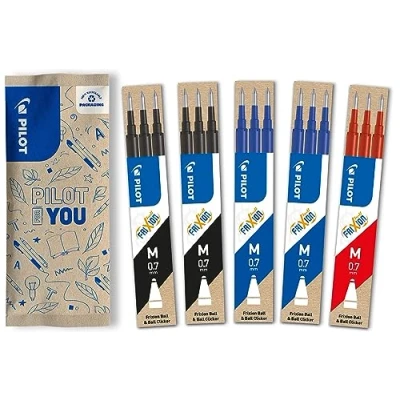 Image de Pilot Lot de 5 étuis 3 recharges FriXion pour stylo effaçable. Compatibles Ball et Clicker 2 Bleu, Noir, 1 Rouge Pointe Moyenne