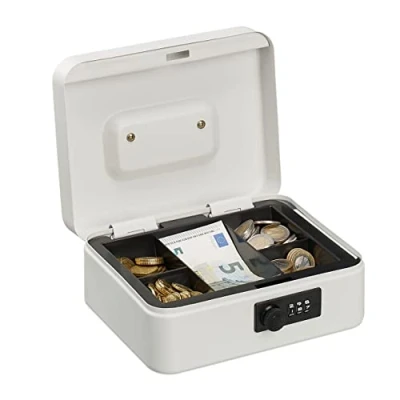 Image de relaxdays Caisse à Monnaie, avec Combinaison 3 Chiffres, Rangement d’Argent en Fer, H x L P 8,5 20 17 cm, Blanc