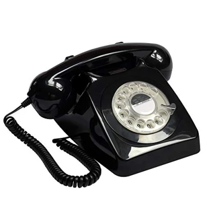 Image de GPO 746 Téléphone fixe rétro de style années 1970 à cadran rotatif Cordon extansible, sonnerie authentique noir