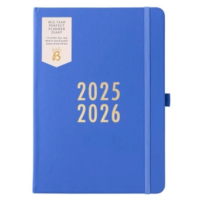 Image de Busy B A5 Weekly Diary Mid Year Academic Planner Aug &#039;25 &#039;26 Saphire Blue Vegan Leather Cover Week to View with Stickers, Pen Loop &amp; List Pad