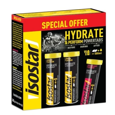 Image de Isostar Hydrate &amp; Perform Powertabs saveur Citron et Cranberry Pastilles pour Boisson Isotonique Apport en Glucides Electrolytes 3 tubes de 10 Tablettes