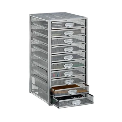 Image de Relaxdays 10024817_55 Corbeille à courrier documents organiseur porte revues 10 tiroirs compartiments format A4, argent, 55 x 27, 5 35, cm