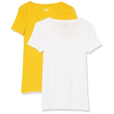 Image de Amazon Essentials T Shirt Col en v à Manches Courtes Coupe Ajustée Femme, Lot de 2, Blanc/Jaune Doré, L