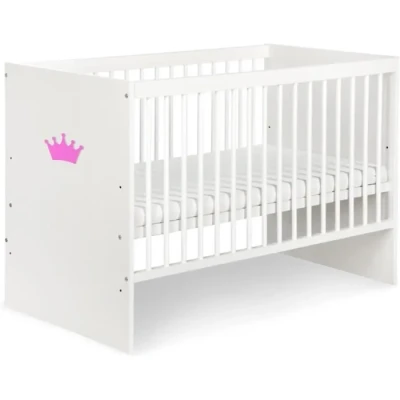 Image de Kmbaby Lit Bébé Blanc 120 x 60 cm Couronne Rose Avec Matelas et Sommier À Lattes 3 Niveaux Réglable En Hauteur bois de pin