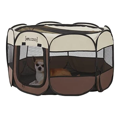 Image de [en.casa] Parc Pliable Octogonal pour Animaux de Compagnie Enclos Portable Chiens Chats Intérieur Extérieur Polyester Acier 58 x 114 cm Marron Crème