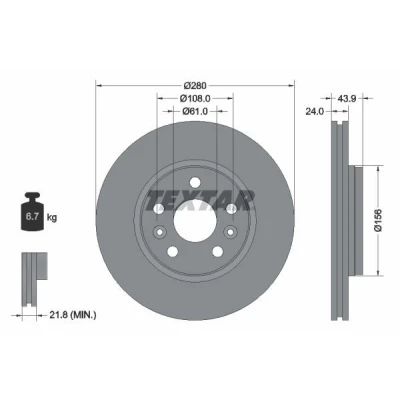 Image de TEXTAR PRO 92202403 Disque de frein 280 24 05/07 108 ventilé l&#039;extérieur revêtu sans boulon fix roue, moyeu roue