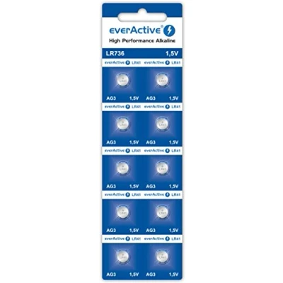 Image de EverActive AG3 Lot de 10 Piles alcalines Mini G3 LR736 LR41 1,5 V Durée Vie 5 Ans 1 Carte Blister