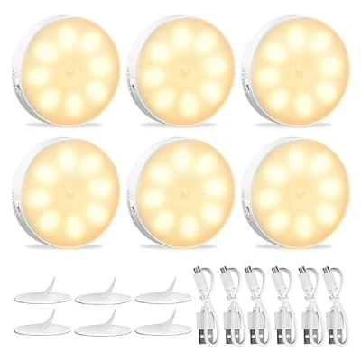 Image de Veilleuse, Lot de 6 Lampe LED Automatique Rechargeable Par USB, Veilleuse à Induction 6000K 8 LEDs Blanc Froid, Détecteur Mouvement Intérieur, Auto/On/Off, pour Couloir Escalier
