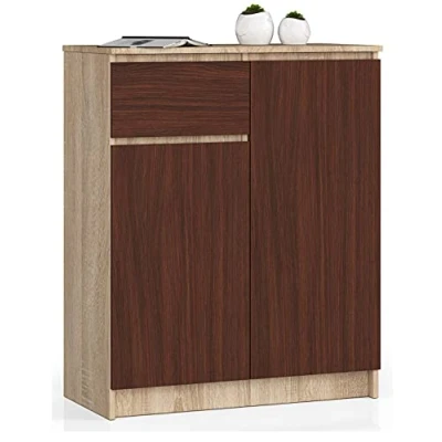 Image de AKORD Commode K80 2D1SZ avec 2 Portes et 1 tiroir Classique pour La Chambre, Salon Meuble de Rangement L80 x H99 P40 cm Poids 34 kg Chêne Sonoma &amp; Façade Wengé