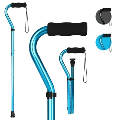Image de supregear Canne de Marche pour Femmes et Hommes, Léger Réglable, Pliable Portable avec Poignée Offset Rembourrée, Aide Robuste Seniors Adultes, Bleu