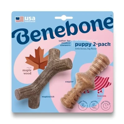 Image de Benebone Puppy Lot de 2 Jouets à mâcher durables pour Chien en érable, véritable Bacon, Bois d&#039;érable véritable, fabriqué aux États Unis, Minuscule