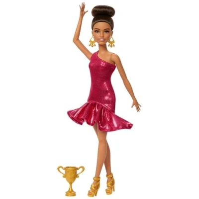 Image de Barbie Poupée Danseuse de Salon et Accessoires avec robe à volants rouge, chaussures danse, cheveux coiffés bruns accessoire trophée JFR09