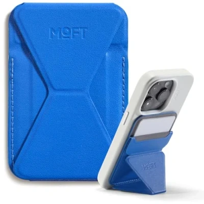 Image de MOFT Porte Carte Adhésifs pour iPhone 16/15/14/13, Compatible avec MagSafe, Support Telephone en Cuir MOVAS, 3 Angles, 2 Cartes, Poignée Smartphone, Léger, Pliable et Portable (Saphir)