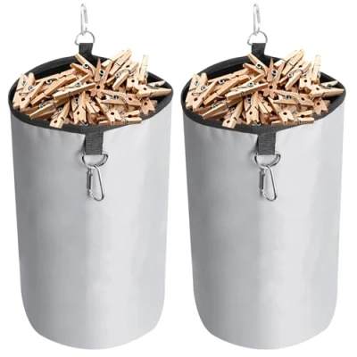Image de AiQInu Panier Pince à Linge, Gris Anti poussière avec Mousqueton Suspendu, Rangement pour 200 épingles Organisateur d&#039;épingles Linge l&#039;intérieur et l&#039;extérieur(2 pièces)