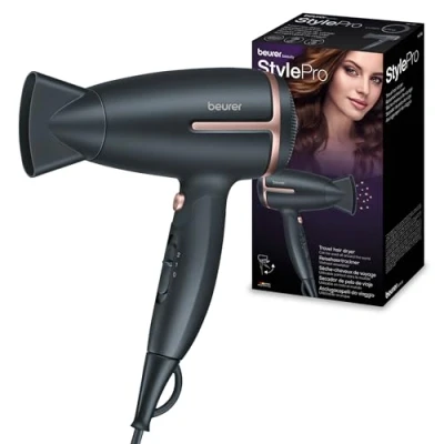 Image de Beurer HC 25 Sèche cheveux de voyage avec fonction ionique, puissant, pour des doux et souples, pliable, les déplacements, 1 600 watts, adaptation mondiale la tension 110 120/220 240 V