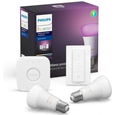 Image de PHILIPS HUE Kit de démarrage White &amp; Colors 2 ampoules avec pont connexion et télécommande variateur 10 W E27 Neuf