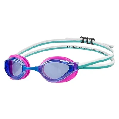 Image de Arena Lunettes de natation unisexe Python Racing pour homme et femme, verres anti buée miroir, confort maximal, double sangle, bleu/fuchsia/eau