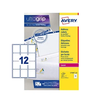 Image de Avery Addressing Labels Laser Jam free 12 per Sheet 63.5x72mm White Ref L7164 250 [3000 Labels], 3000 Pezzi
