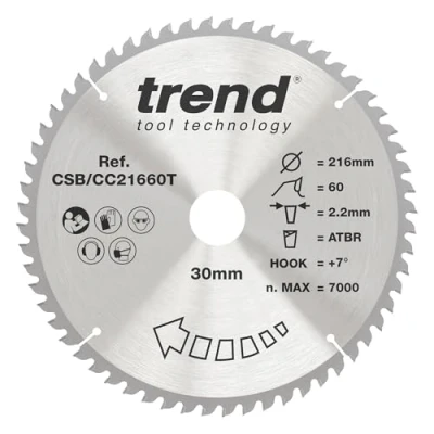 Image de Trend Lame de Scie à Onglet sans Fil ATBR pour Bois, 216 mm Diamètre, 30 d&#039;Alésage, 60 Dents, TCT, 2,16 Trait Scie, +7 Crochet, CSB/CC21660T