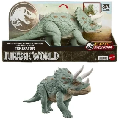 Image de Mattel Jurassic World Méga Action Figurine articulée de dinosaure tricératops géant, jouet grandes espèces, attaque avec coup tête, corne évoluée, jeu numérique HTK79