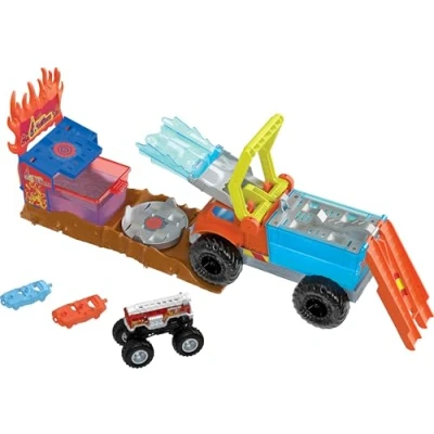 Image de Hot Wheels Coffret Monster Trucks Arena Smashers Color Shifters Véhicule De Secours 5 Alarm avec 2 Voitures À Écraser Et 1 Semi Remorque Détachable, Jouet Enfant, A Partir Ans, HPN73