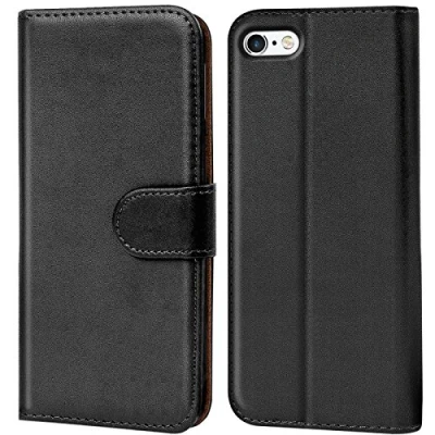 Image de Verco Coque pour Apple iPhone SE, Housse Portefeuille 5S Etui en Cuir Synthétique Fonction Stand Case, Noir