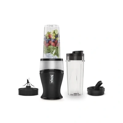 Image de Ninja 700W mixeur Slim et Smoothie Maker, 2x 470ml gobelets avec couvercles à bec, personnel, écrase la glace les fruits congelés, argent/noir QB3001EUS