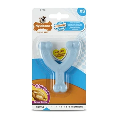Image de Nylabone, Jouet à mâcher en Os pour Chiot, Les Chiots Qui Font Leurs Dents, Forme Wishbone, Saveur de Poulet, très Petite Taille jusqu&#039;à 7 kg, Bleu