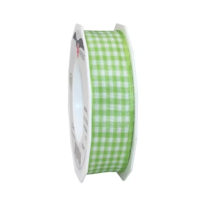 Image de PRÄSENT Ruban en Taffetas avec Fils métalliques Motif Vichy Vert Citron/Blanc 25 mm x 20 m