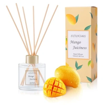 Image de Diffuseur de Parfum 100ml Mangue,Diffuseur Maison avec 6 Bâtonnets en Fibre,Batonnets pour Chambre,Salon,Salle Bain,étagère,Bureau