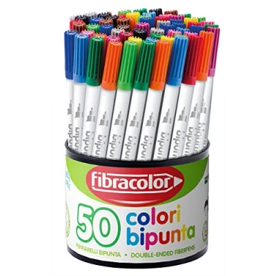 Image de FIBRACOLOR Marqueurs Bipunta, pot 50 feutres en couleurs différentes, pointe conique et fine, double trait d&#039;écriture, superlavables