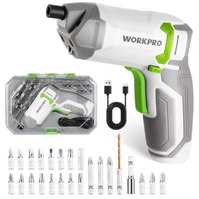 Image de WORKPRO Perceuse Visseuse Sans Fil 3,6V, Devisseuse Excentrique Rechargeable avec Batterie 2,0Ah, 7Nm, 2 Sens Rotation + Lampe LED, Câble Charge USB, 24 Accessoires, pour Bricolage, Blanc