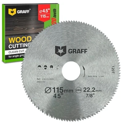 Image de GRAFF Disque Bois Meuleuse 115 x 120 Dents à Tronçonner pour Bois, Contreplaqué, Stratifié, Cloison, Sèche, Plastique Sculpture avec Alésage de 22,23 mm