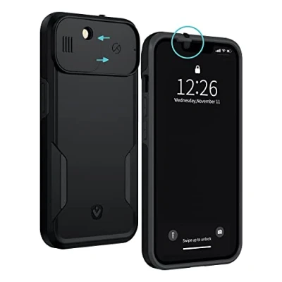 Image de Spy Fy Coque de Protection pour iPhone 14 Plus Cache caméra coulissante Avant et arrière Protégez Votre Vie privée Contre Les Chutes 2 m Noir Mat Valenta