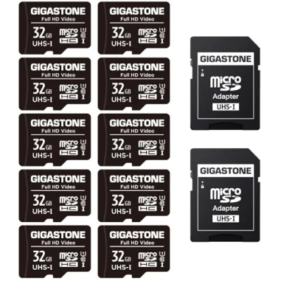 Image de Gigastone Carte Mémoire 32 Go Lot de 10 Cartes, Haute Vitesse Lecture allant jusqu&#039;à 90 Mo/s. idéal pour Drone Full HD Vidéo Caméra Android U1 C10 Micro SDHC avec 4 étuis et 2 adaptateurs SD