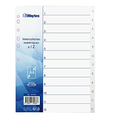 Image de WAYTEX 931345 Intercalaires Numériques A4 12 Touches avec Numéros Imprimés de 1 à en Polypropylène Blanc Index