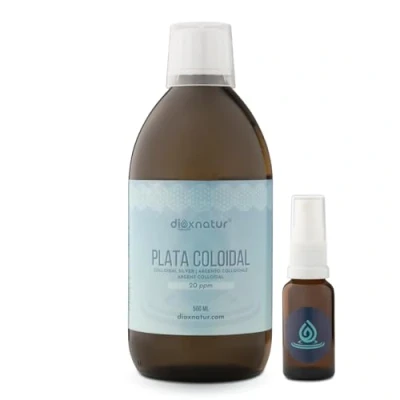 Image de DIOXNATUR® Argent colloïdal 20 ppm 500 ml 100 % naturel Colloidal Silver Optimal Concentration Avec pulvérisateur et verre compteur Bouteille en ambre.