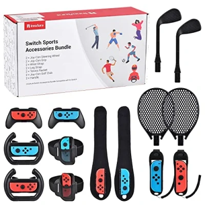 Image de Kit D&#039;accessoire Switch Sport innoAura 14 En 1, Avec Volant, Poignée Joycon, Raquette Tennis, Club Glof, Dragonne, Sangle Jambe Compatible Switch/Switch OLED