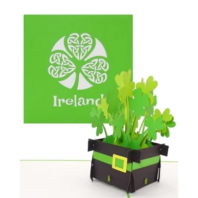 Image de carte pop up « Irlande Irish Shamrocks » de vœux 3D irlandaise comme souvenir, d&#039;anniversaire, bon voyage, invitation à un voyage en ville Dublin et circuit