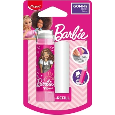 Image de Maped Gomme blanche Barbie Rétractable, Protégée et Efficace Système Rotatif Hyper Pratique 1 Recharge Incluse, Sans PVC ni Phtalate