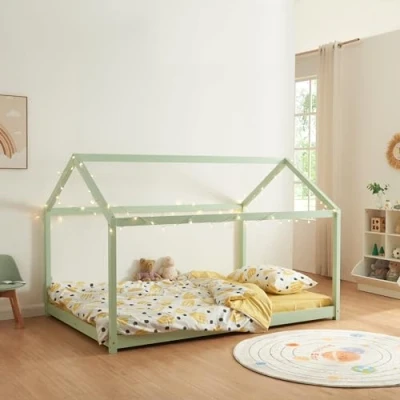 Image de [en.casa] Lit Cabane pour Enfant avec Sommier à Lattes Double en Forme de Maison sans Matelas Capacité 140 kg Bois Pin Contreplaqué x 200 cm Vert Menthe
