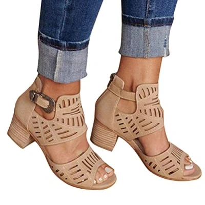Image de Onsoyours Femmes Sandales Mode Talon Carre Sandals Été Casual Romaines Bout Ouvert Chaussures pour Plage Vacances A Kaki 38 EU