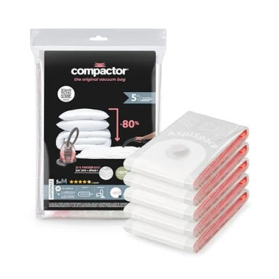 Image de Compactor Lot de Sacs sous vide Aspispace taille M, 5 sachets, rangement armoire, dressing, voyage, déménagement, compatible aspirateur et pompe à vide, compresse couettes, oreillers vêtements