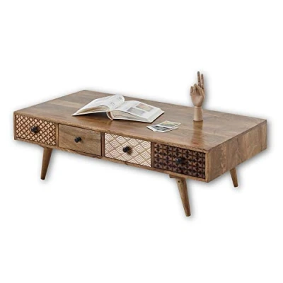 Image de Stella Trading Shari Vintage en Bois Massif de Mangue avec 8 tiroirs Table Basse qualité supérieure Beaucoup d&#039;espace Rangement pour Votre Salon, 117 x 36 60 cm